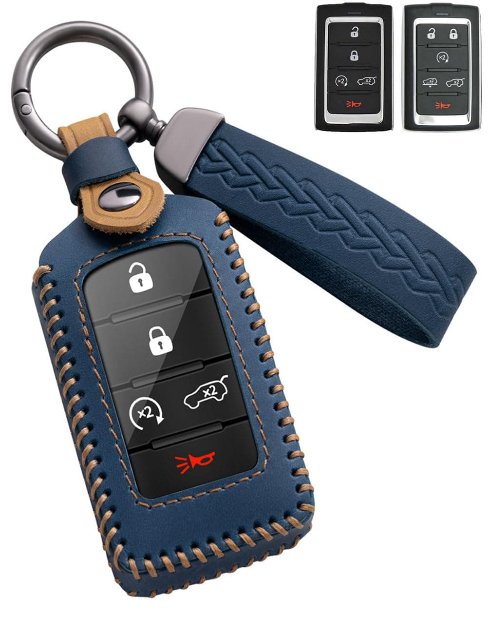 YINEOR for Jeep Key Fob Cover Leather Car Key Case Protector keychain Smart Key Fob Holder Compatible for 20212024 Jeep Grand Cherokee L Grand Wagoneer Blue