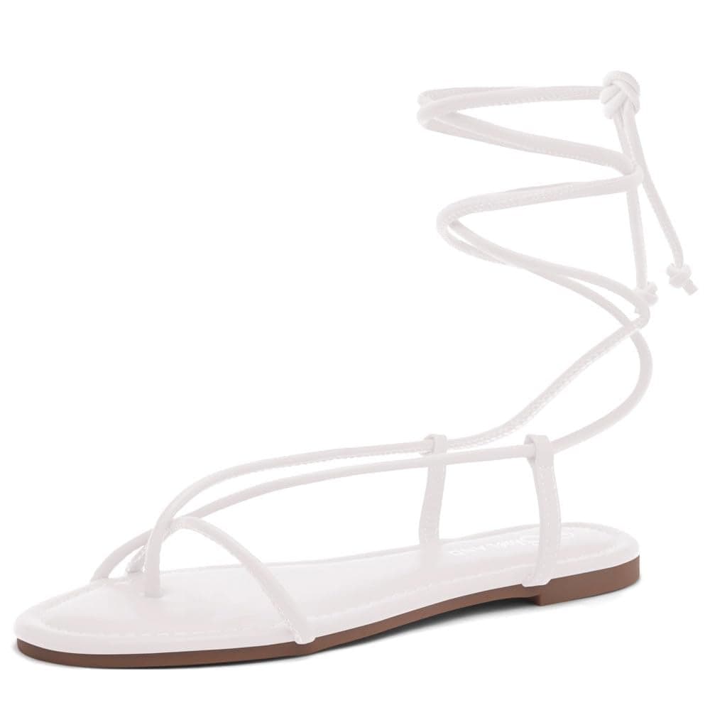 Shoe Land Womens Flat Sandals Comfortable LaceUp Gladiator Sandals with Adjustable Ankle Wrap Strappy Crisscross Open Toe TieUp Shoes for Summer Beach Travel White Size 80 SLAuday