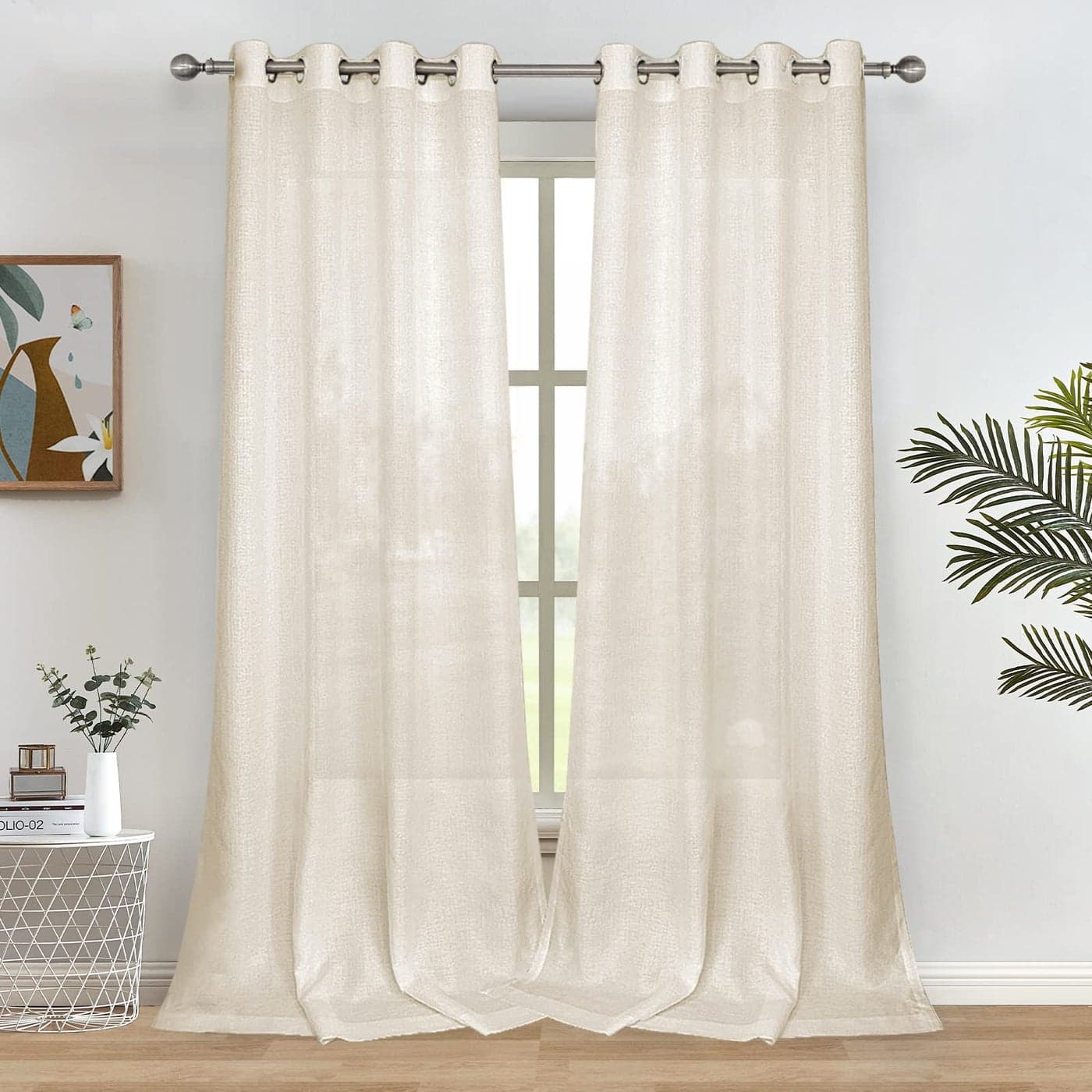 Melodieux Beige Linen Semi Sheer Curtains 96 Inches Long for Living Room Bedroom Flax Linen Grommet Voile Drapes 52 by 96 Inch 2 Panels