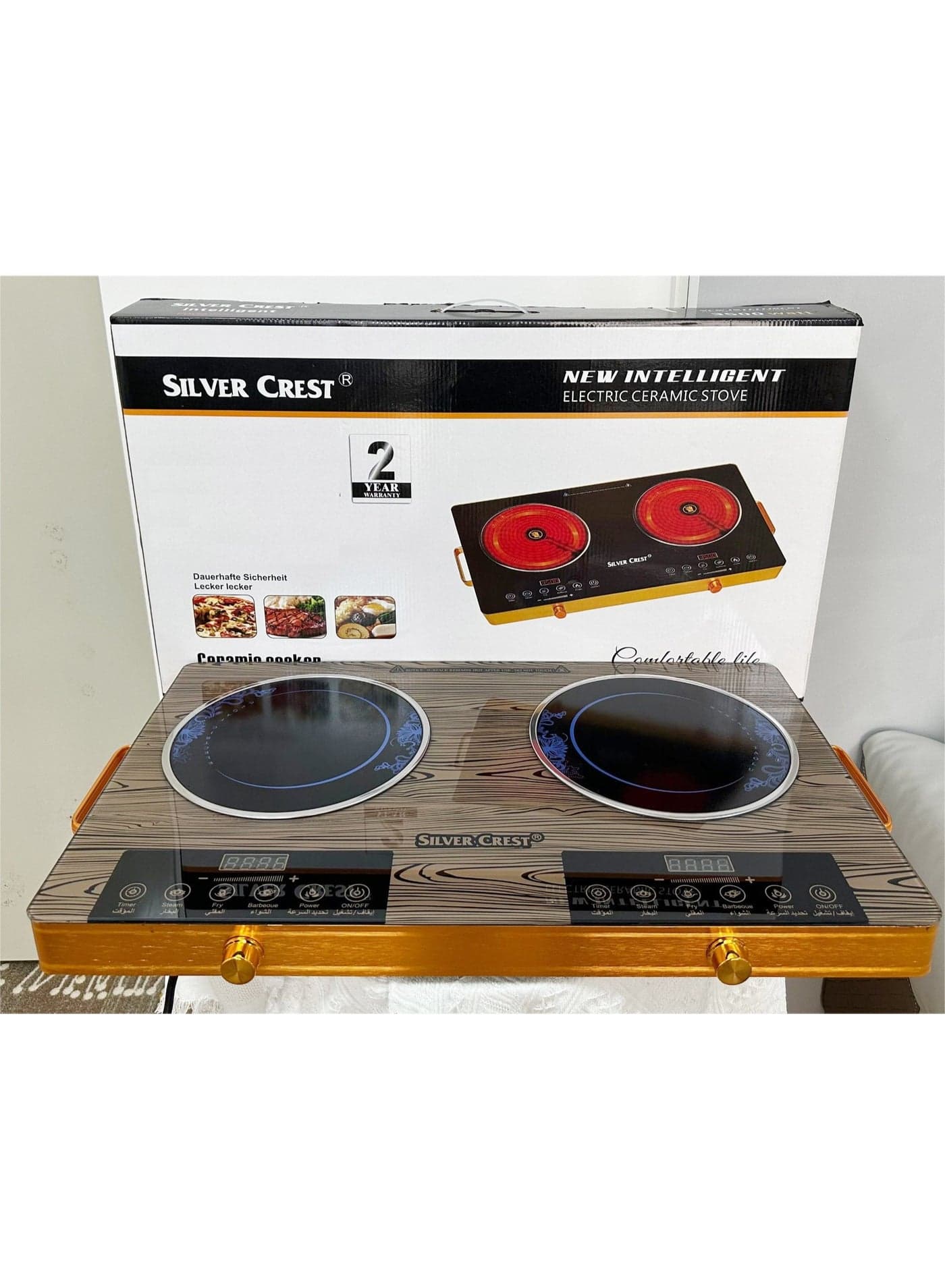 Silver Crest Double Infrared Electric Cooker SC-22 3500W+3500W Ceramic Cooktop Featuring Dual Heating Plates, LED Digital Display, Intelligent Touch Panel, Energy Efficient Heating and Overheat Protection System