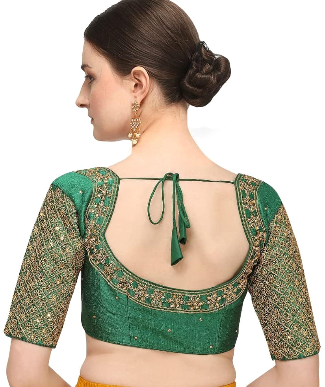 Pujia Mills Women's Embroidery Handwork Sequence Work Necklace Design Readymade Blouse (Green, 32)