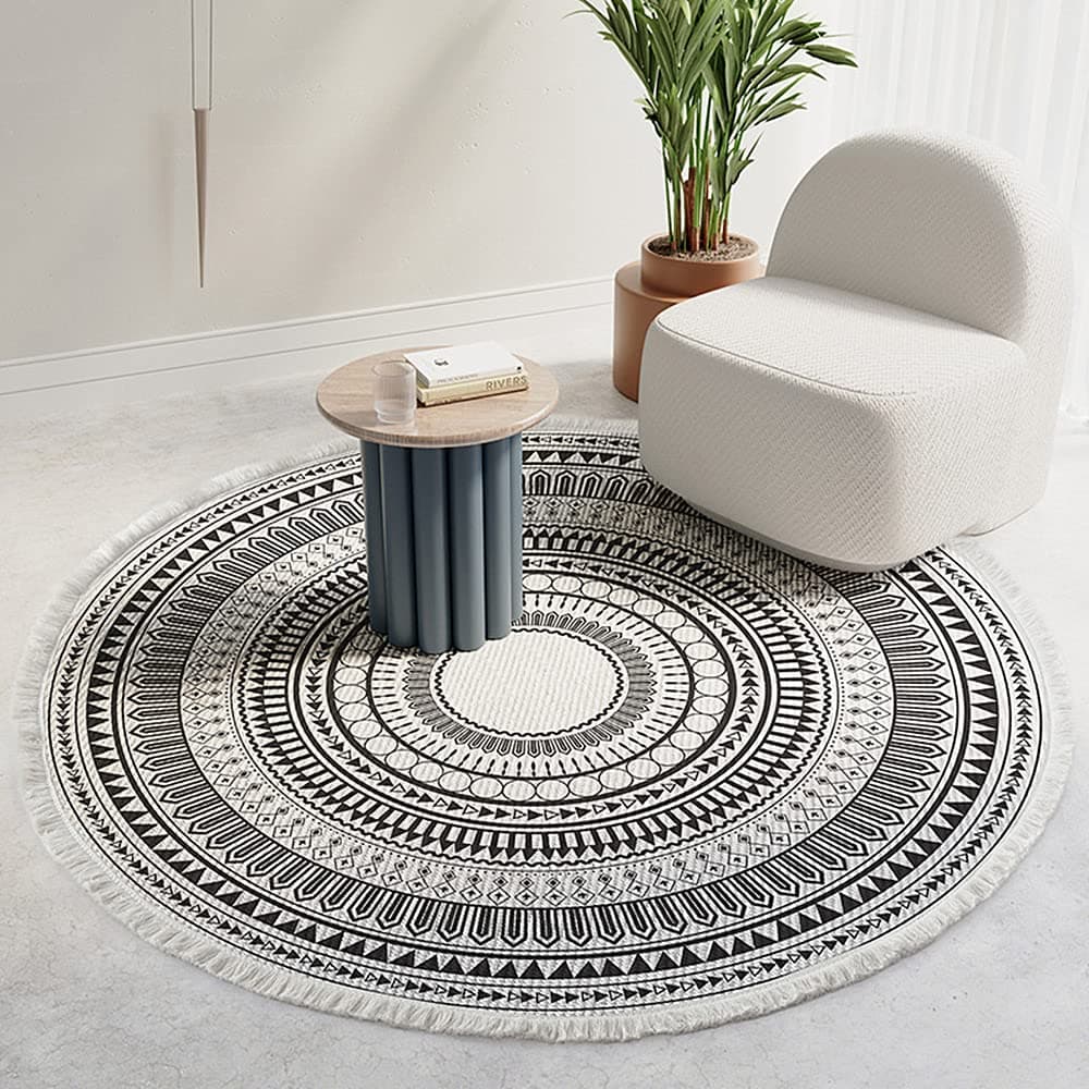 Poowe Round Cotton Rug Woven Tassel Throw Rug Washable Area Rug for Living Room Bedroom Kitchen Bathroom Shapes Black