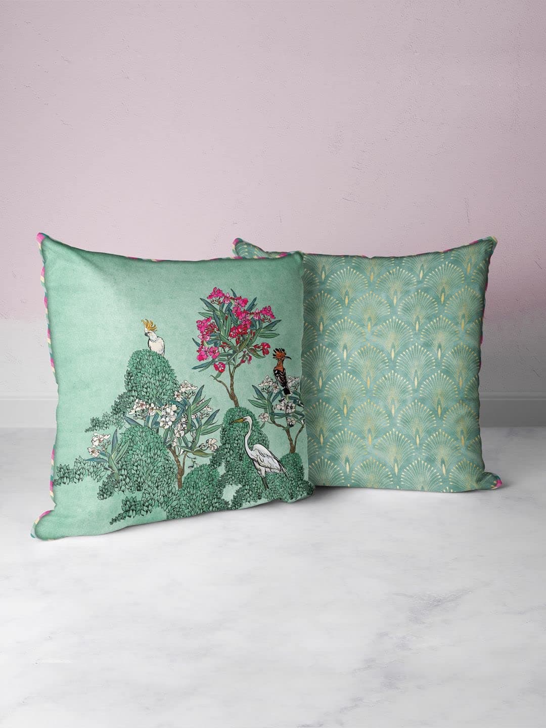 BIANCA Designer Reversible Printed Silk Linen Cushion Covers -2pc 16 X16 Set (Suzane) | with Contrast Front & Back Digital Print | Hidden Zipper Floral-Ornamental-Mint/Teal