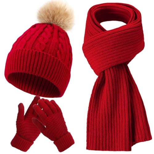 Geyoga 3 Pieces Winter Beanie Hat Scarf Touch Screen Warm Gloves Set Knit Skull Cap for Men and Women (Claret,Classic Style)