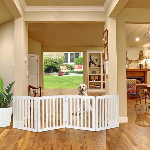 EMIWUD FURNITURE Wooden Freestanding Pet Room Divider for Kids' Safety | Pet Safety Barrier | Indoor Pet Puppy Safety Fence | Dogs Room Partition for Kids and Dogs (White, 4 Panel)