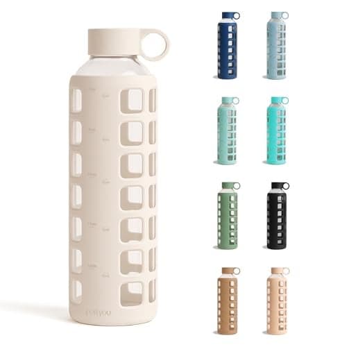 purifyou 40oz / 32oz / 22oz / 12oz Borosilicate Glass Water Bottle with Time & Volume Markers, Silicone Sleeve, Stainless Steel Lid | Reusable Glass Bottle for Water & Juice (32oz Pearled Ivory)