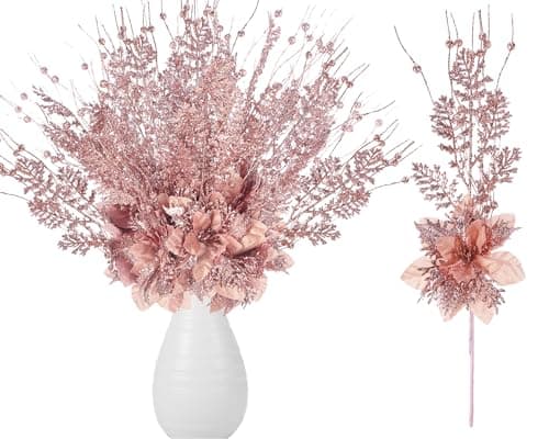 Canlierr 15 Pcs 17 Inch Christmas Artificial Glitter Berry Stem Ornaments with Poinsettia Flower Xmas Glitter Poinsettia Flowers Picks for Christmas Tree Vase Holiday Party Home DecorRose Gold