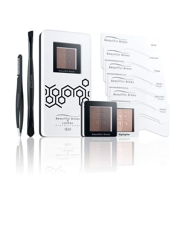 Duo 13 Piece Eyebrow Stencil Kit – 6 Brow Stencils,1 Duo Brow Powder (Light/Medium Brown),1 Duo Applicator and Volumizing Brush,1 Duo Highlighter (Shimmer/Matte) with Brush,Precision T