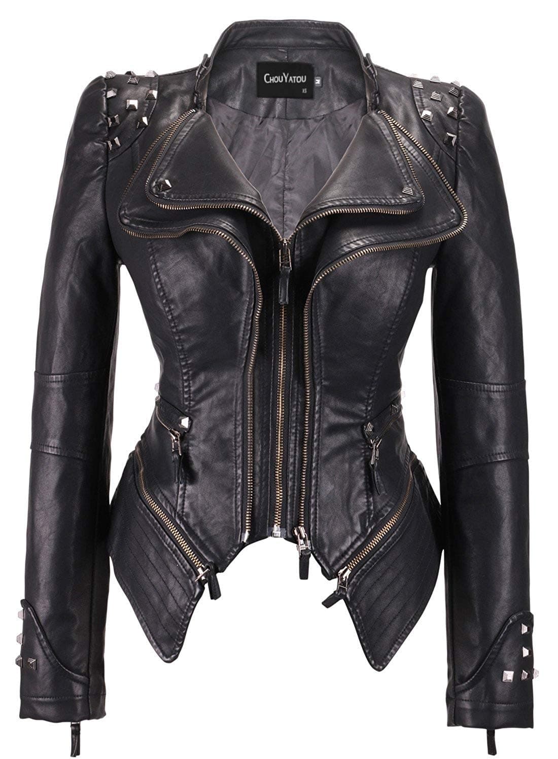 chouyatou Women's Fashion Studded Perfectly Shaping Faux Leather Biker Jacket (Large, Black)