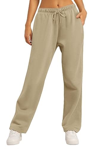 AUTOMET Women's Wide Leg Sweatpants Fleece Lined Baggy Straight Leg Lounge Pants Fall Outfits Athletic Joggers with Pockets Beige L