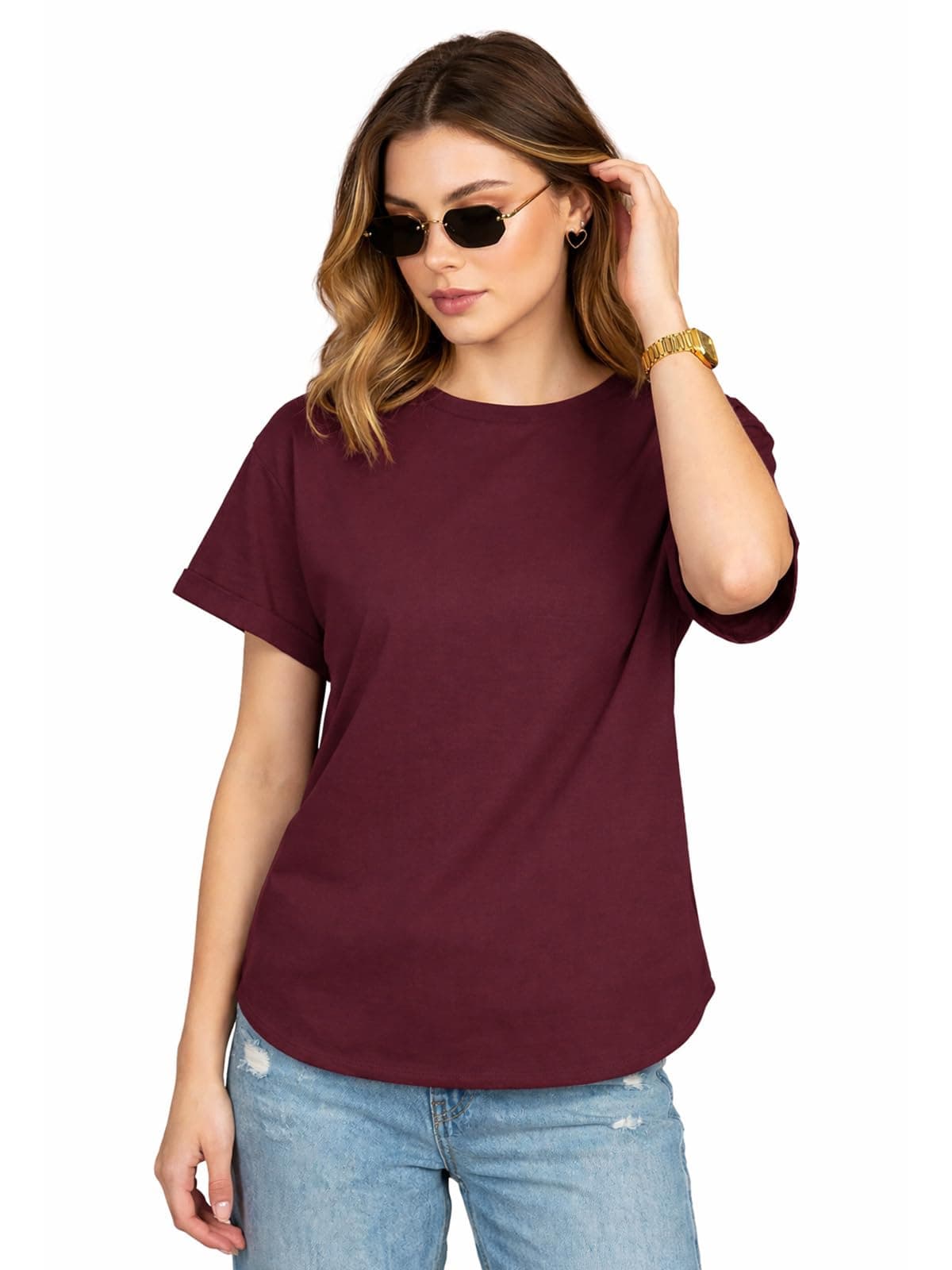 JUNEBERRY® Pure 100% Cotton Oversized Fit Round Neck Half Sleeves Boyfriend T-Shirt for Women & Girls (JTS0324PL40_XXL) Maroon