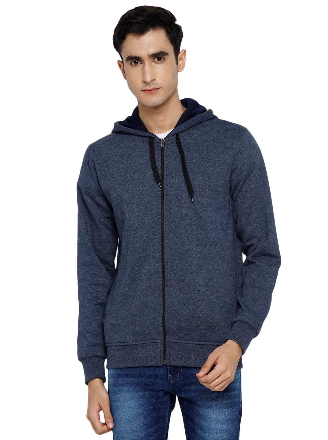 Alan Jones Clothing Men’s Solid Zipper Hooded Sweatshirt | Ribbed Hem, Lined Hood, Side Pockets, Durable Zip | Multiple Colors (Navy Melange_L)