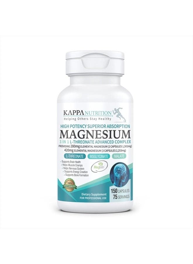 (150 Capsules), 2,253mg Per Serving, Providing 420mg Elemental Magnesium, L-Threonate, Bisglycinate Chelate, Malate, from Kappa Nutrition.