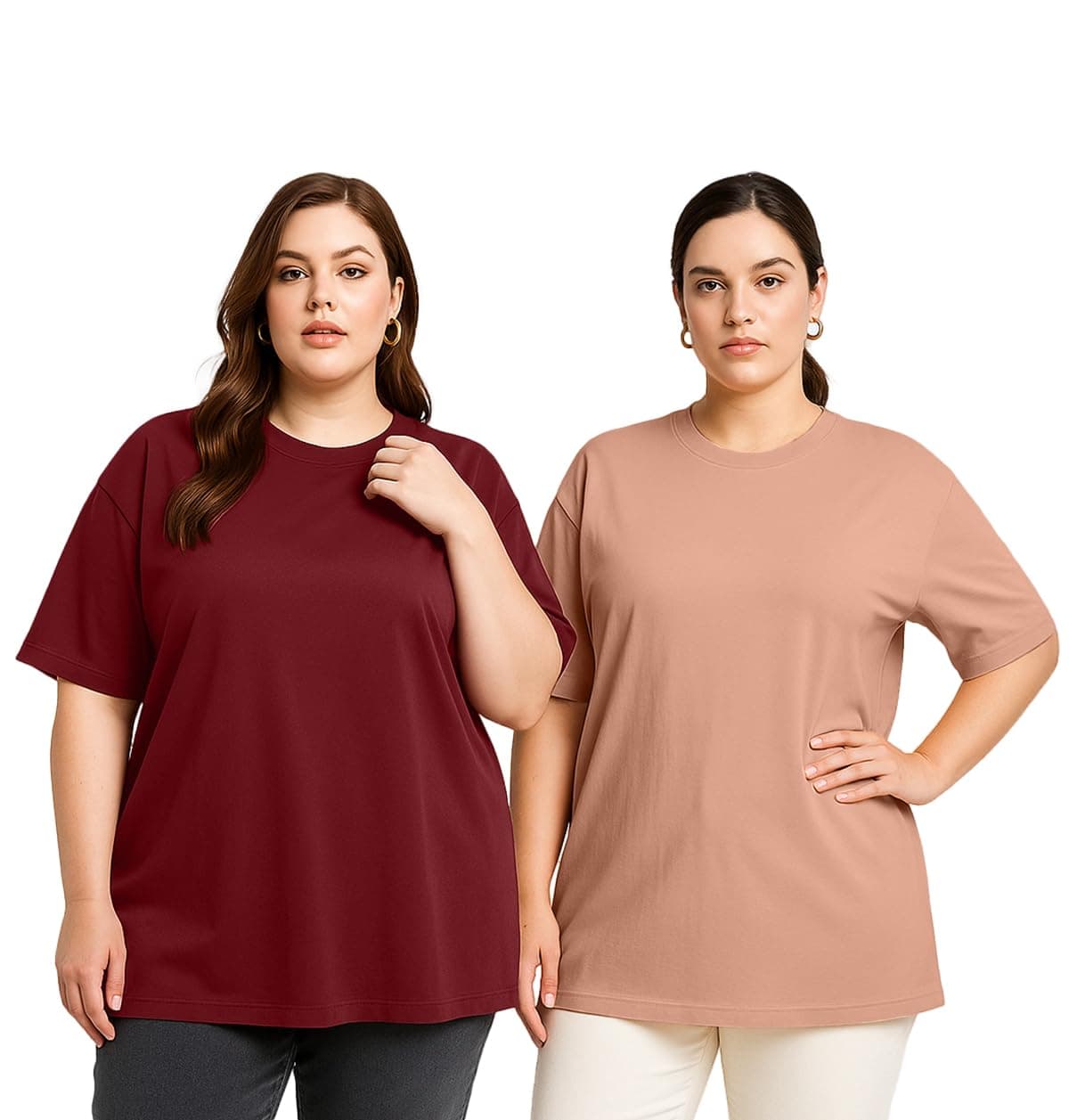 JUNEBERRY® 100% Pure Cotton Oversized Baggy Fit Drop Shoulder Solid Core Plus Size T-Shirt Combo for Women (Pack of 2) (PO2_JB_PS_CR_MR_XXL)