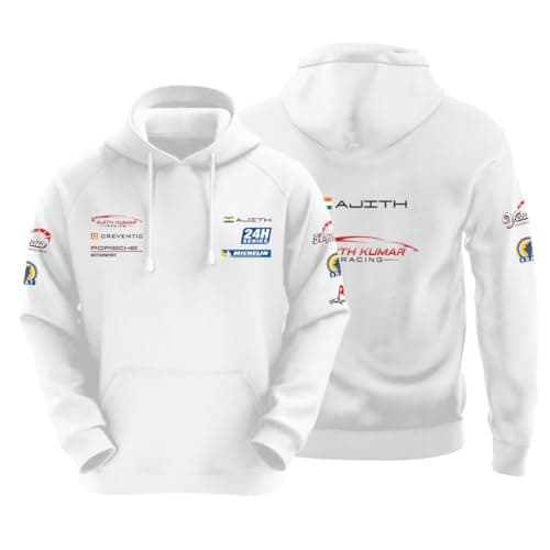 DUDEME : Ajith Kumar Car Racing Motorsport Hoodie | AK Designs | Car Enthusiast for Men & Women White Hoodie 100% Cotton Car Printed Hoodies.