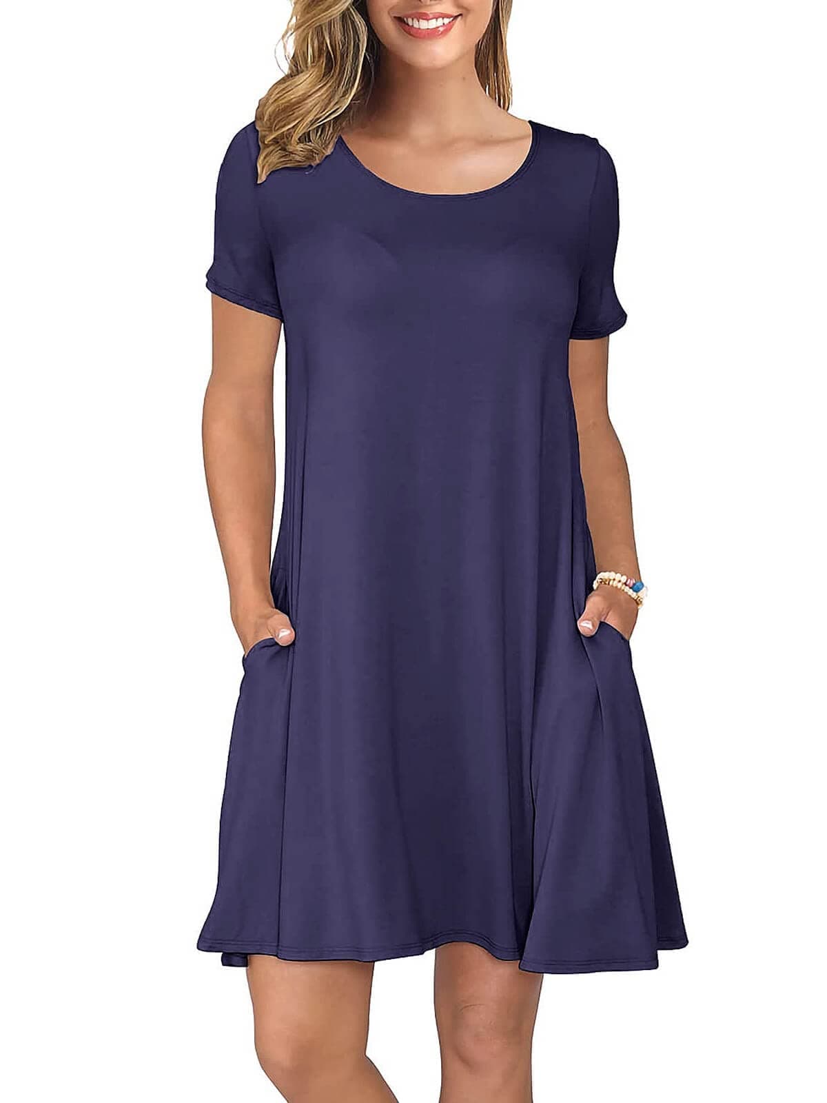 KORSIS Summer Dresses for Women Navy Blue Small Casual T Shirt Dress Short Sleeve Swing Flowy Ladies Valentines Vacation Sundress with Pockets