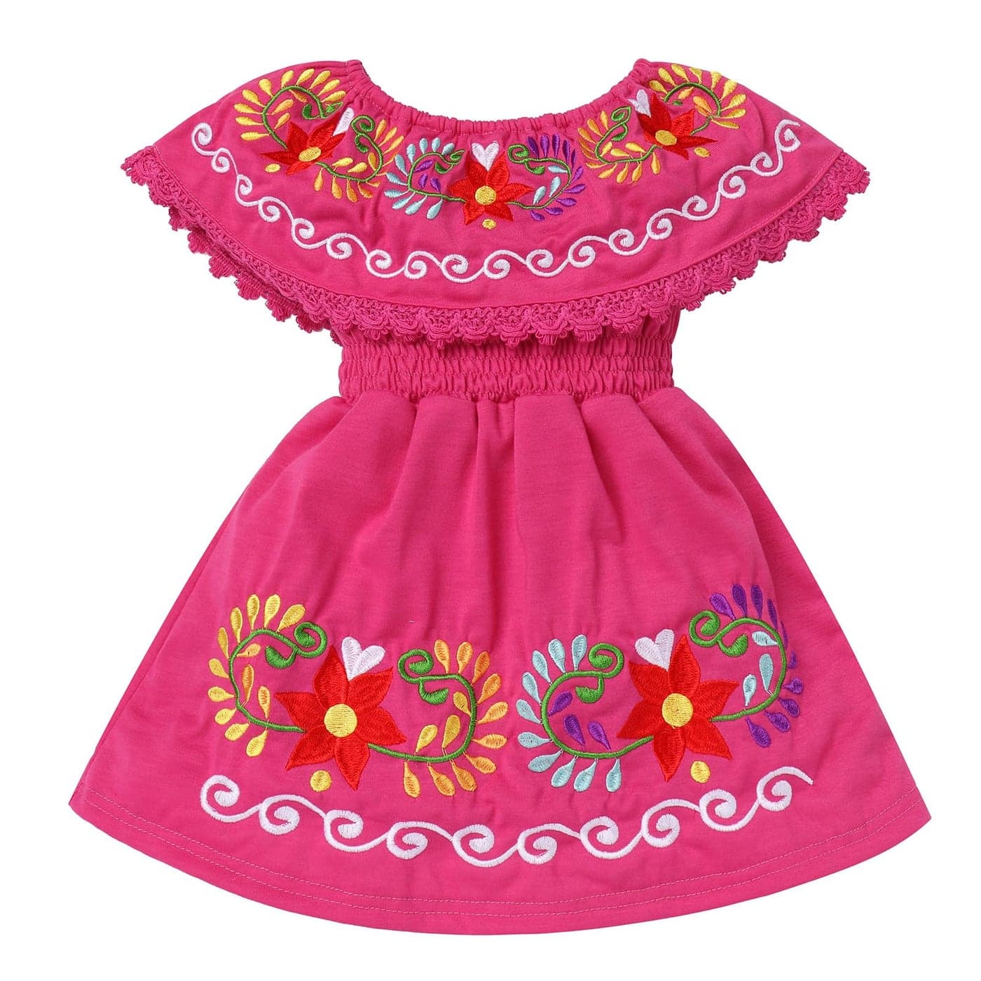 Newborn Baby Girls Mexican Dress Floral Print Colorful Embroidered Lace Drape Dresses Toddler Cinco De Mayo Fiesta Outfit Kids Traditional Ethnic Wear Mexico Themed Clothing Sets Hot Red 1824 Months