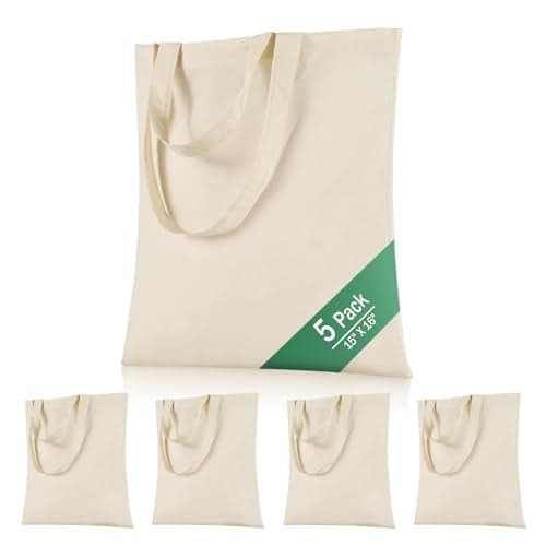 OKBA 5 Pack 15'' X 16'' Cotton Tote Bags for Painting,Lightweight Thin Tote Bags Bulk Reusable Grocery Shopping Cloth Bags(Beige),Suitable for Crafts, DIY, Tie Dye,Gift, Activity