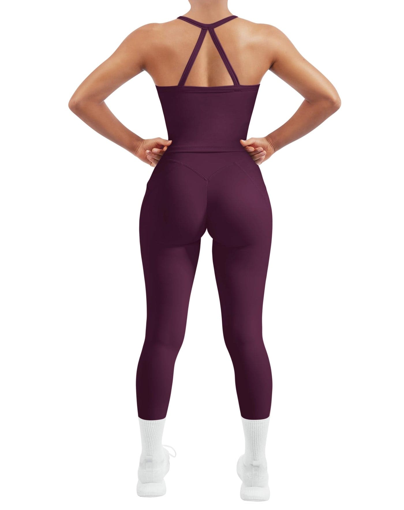 SUUKSESS Women 2 Piece Workout Sets Compression Tummy Control Leggings with Pockets Halter Built in Bra Tank Tops Sports Bra Scrunch Butt Lifting Yoga Pants (Violet, M)