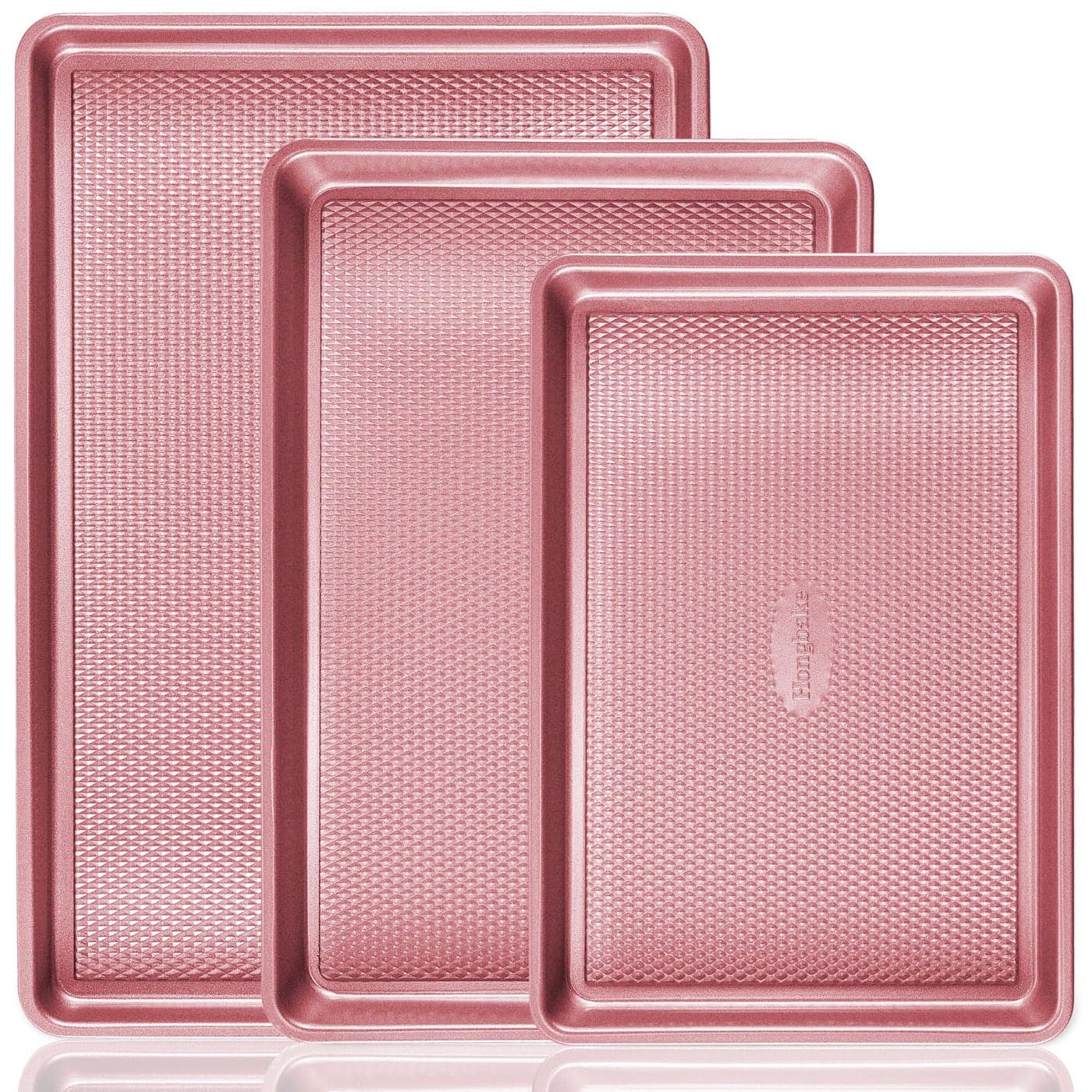 HONGBAKE Baking Sheet Pan Set Cookie Sheets for Oven Nonstick HalfQuarterJelly Roll Pans with Diamond Texture Pattern Heavy Duty Cookie Tray Pink