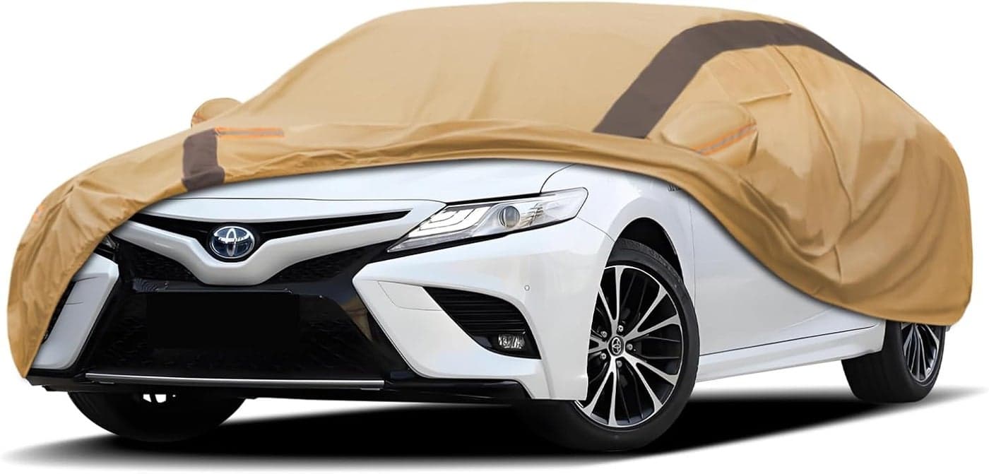 FSGRICH Waterproof Car Cover for Toyota Camry Sedan Solara (1996-2024) - Outdoor Anti-UV Sun Rain Protection (Camel with Brown)