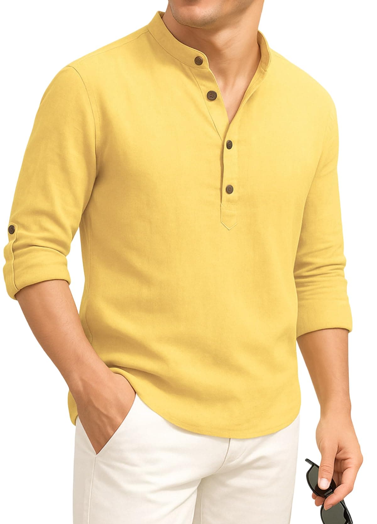 DEELMO Men's Cotton Blend Solid Regular Fit Full Sleeve Short Kurta | Men's Trendy Short Kurta Yellow