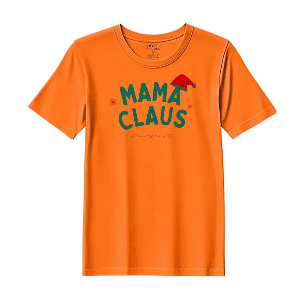 BYFT Threads XXL Orange Polycotton T-Shirt - Christmas "Mama Claus Hat" Printed Design, Premium Holiday Collection
