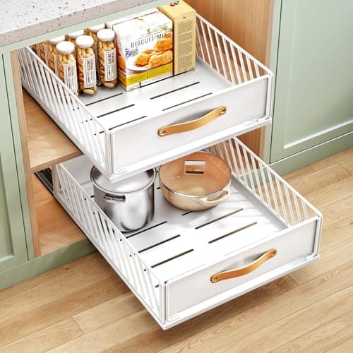 Pull out Cabinet Organizer,Heavy Duty Slide out Pantry Shelves Drawer Storage with Adhesive Nano Film,Sliding Mesh Cabinet Basket with Handle for Kitchen, Bathroom, Home, 13.8"W X 21"D X 6.2"H,White