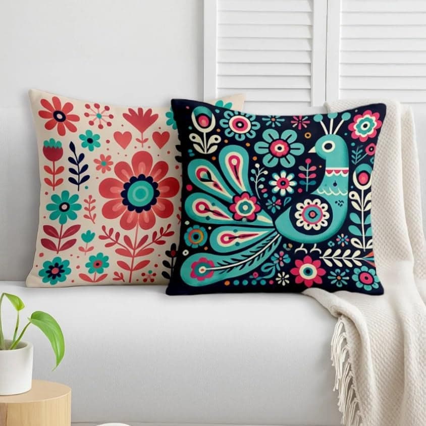 STITCHNEST Folk Art Satin Cushion Covers Peacock & Botanical Motif, 16x16 Inches, Decorative Set for Living Room (Pack of 2)