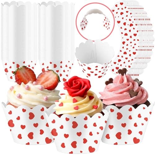 Domensi 100 Pcs Red Heart Cupcake Wrappers Rustic Cupcake Liners Red Baking Cups Baking Liners for Mother's Day Wedding Bridal Baby Shower Birthday Party Supplies Dessert Decoration