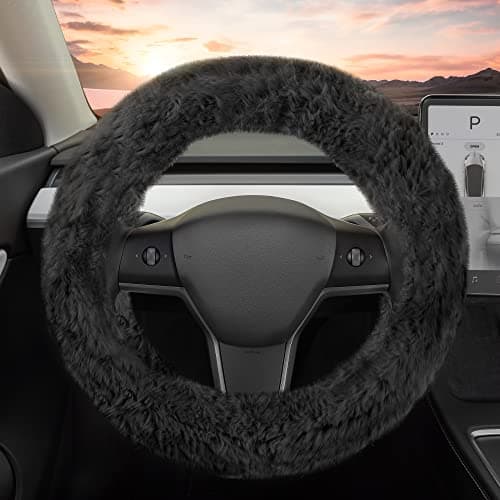Carbella Aspen Black Fuzzy Steering Wheel Cover for Women - Cute and Stylish Fluffy Fur Steering Wheel Cover for Cars Trucks Vans SUVs, Universal Fit for Wheel Sizes 14.5 to 15.5 inches