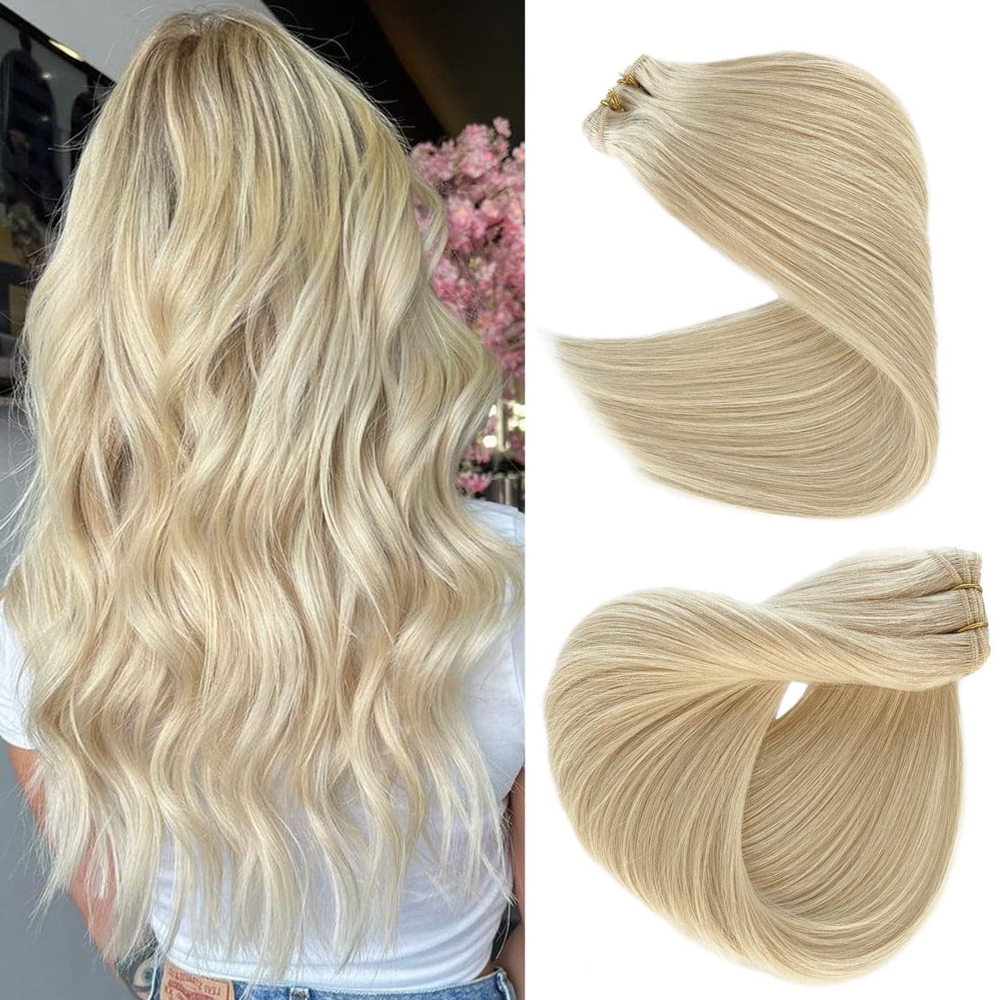 Blonde Hair Weft Extensions Real Human Hair 18 Inch 100grams Hand Tied Weft Hair Extensions Human Hair Double Weft Thick Ends Straight Platinum Sew in Human Hair Weave Bundles
