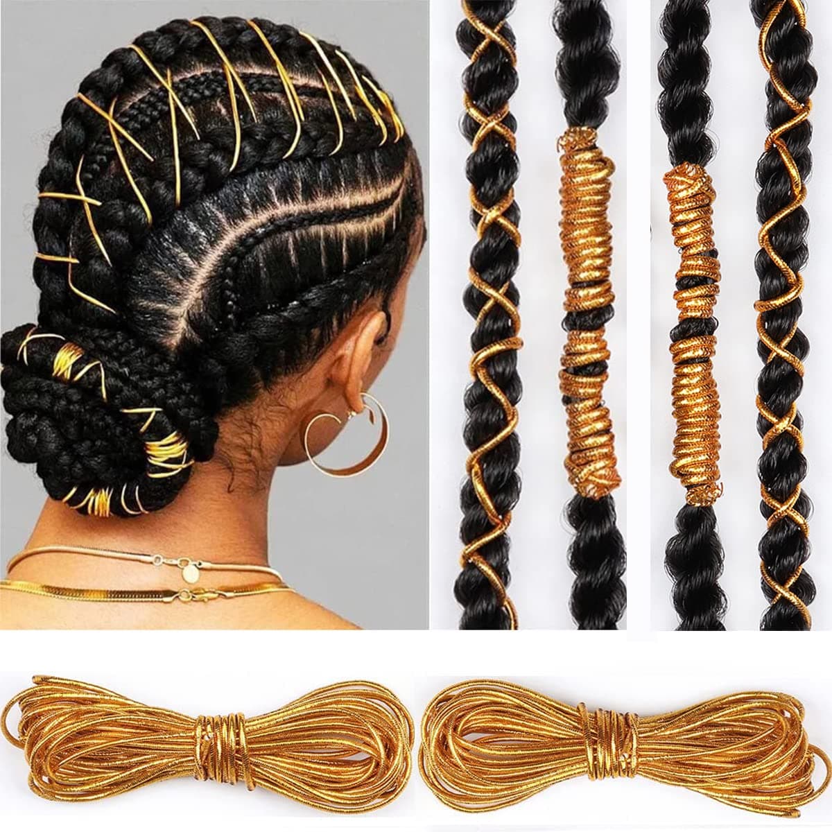 Gold Dreadlock Braids Hair Accessories 2 Pieces 5M Braiding Hair Deco Styling Shimmer Stretchable African Braid Braided Elastic Cord Ornament Hanging Decorating Gift Wrapping