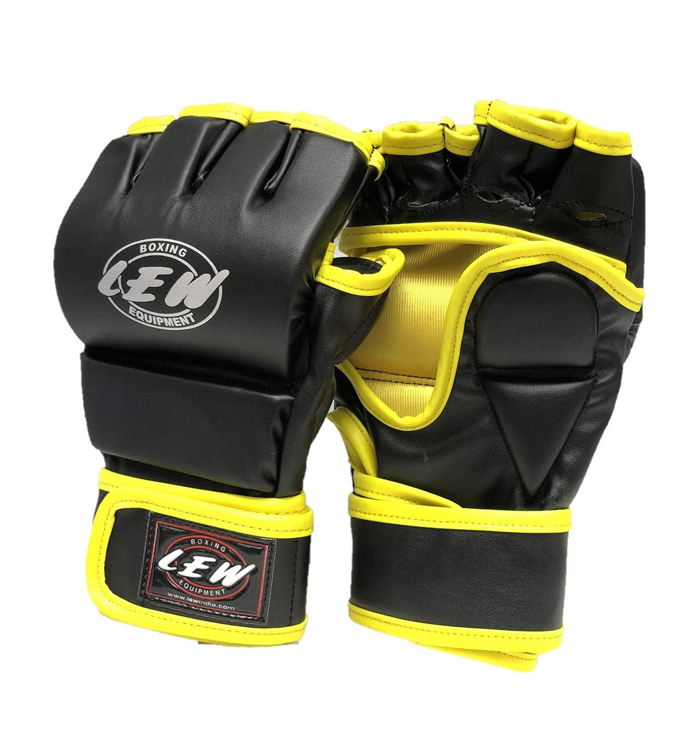 LEW Black/Floro Yellow Fight/MMA/Muay Thai Maya Hide Leather Thumb Protection Grappling Gloves (Black/Floro Yellow, Small/Medium)