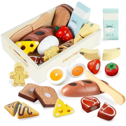 Smartwo Wooden Play Food Sets for Kids Kitchen Breakfast Food Toys for Toddlers 3 Year Old Pretend Food Play Cutting Bakery Accessories Montessori Educational Toys Gift for Boys Girls