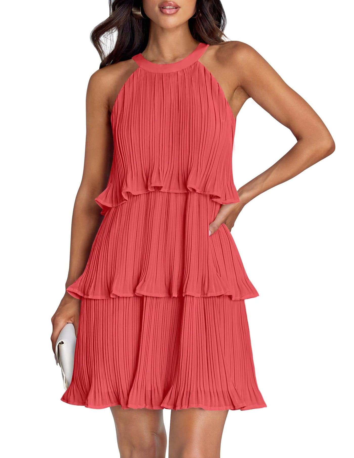 ZESICA Women's 2025 Summer Halter Dresses Sleeveless Ruffle Tiered Layered Chiffon Pleated A Line Swing Mini Dress,Coral,Medium