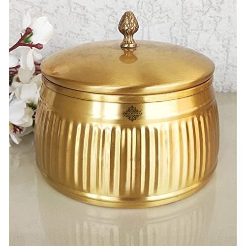 INDIAN ART VILLA Pure Brass Lining Design Storage Box/Jar/Canister With Lid, Kitchen, Hotel & Restaurants, Volume-1200 ML, Gold