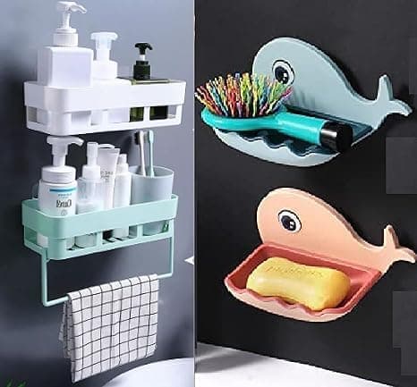 Bathroom Shelf RackKitchen ShelfWardrobe ShelfPerfume Rack Plastic Wall Shelf2 Bathroom Shelf 2 Soap Stand with 1 Towel Hanger