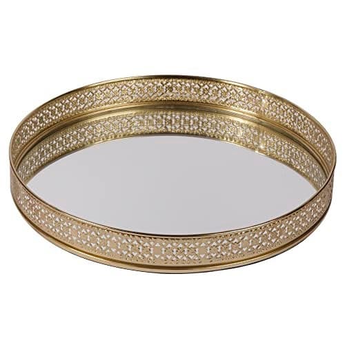 Craft Brio -A TRENDY HANDICRAFTS Round Glass Mirror Gold Plated Tray Decorative Vanity Perfume Storage Pooja Wedding Gifting Display Laser Cutting Trays (25 X 3 H cm)