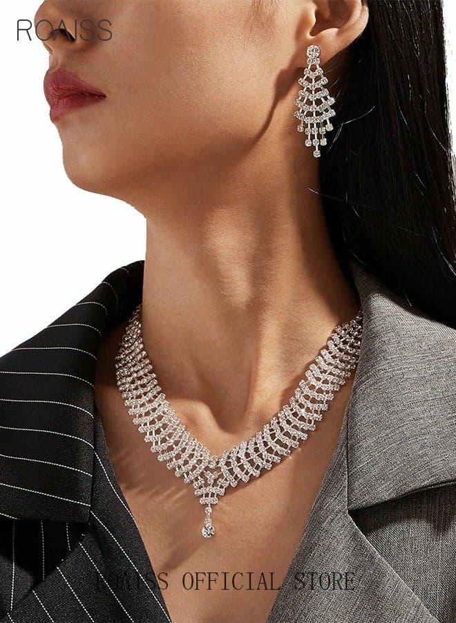 3 Pcs Rhinestone Jewelry Set, Shinning and Zircon Necklace Earrings Pendant, Dress Accessory Chic Gift for Women Ladies Mother Wife, Bridesmaids Wedding Party, Sliver