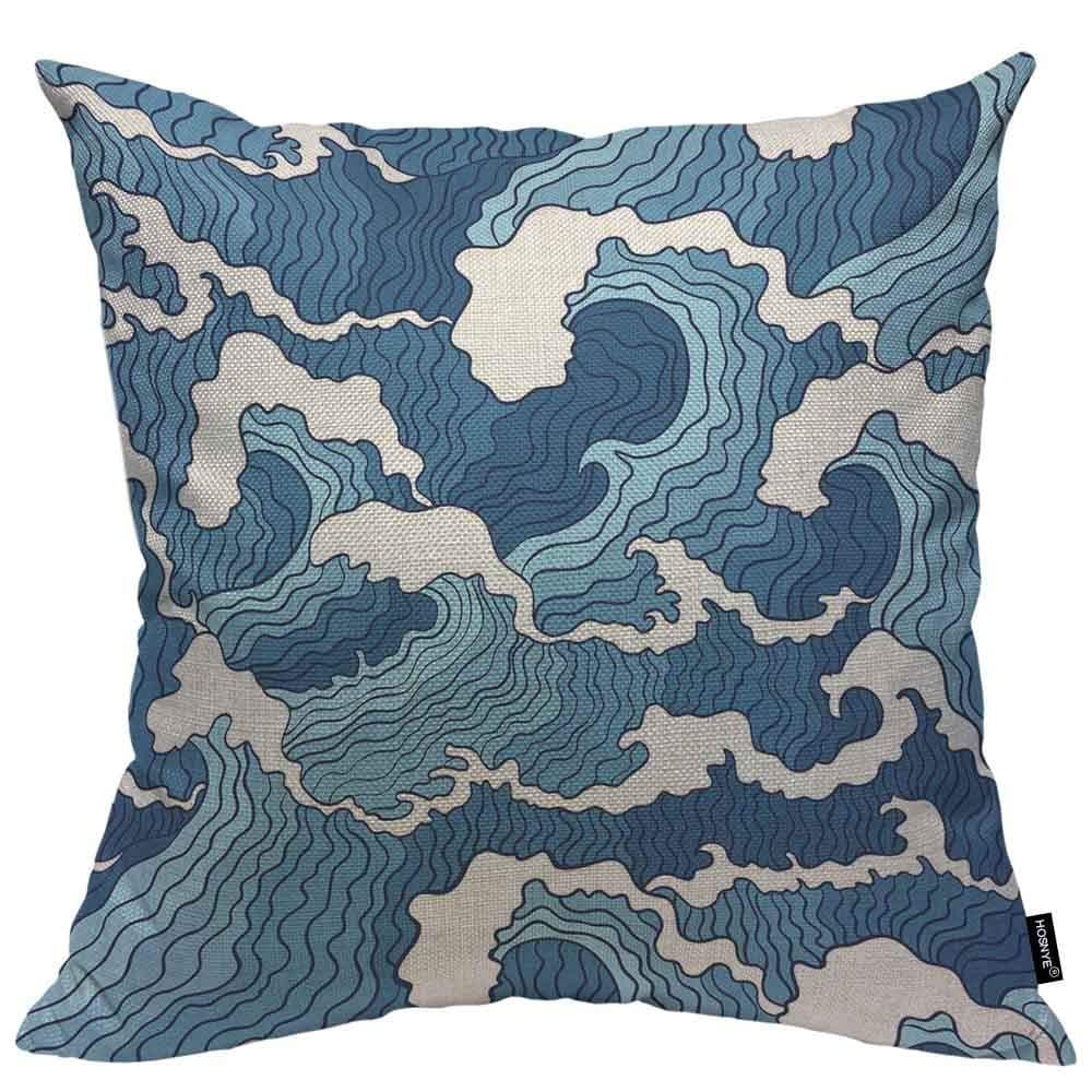 HOSNYE Blue and White Wave Cotton Linen Throw Pillow Case Japanese Abstract Seamless Pattern Pillow Cushion Cover Home Sofa Decorative 18x18 Inch