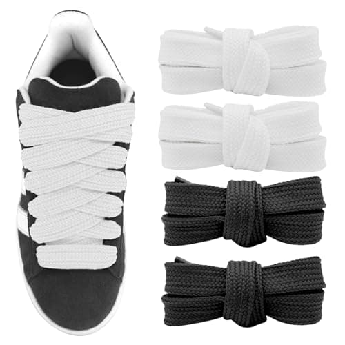 UamGlsob 2 Pairs 3/4''(2cm) Fat Flat Shoe Laces, 39''-63'' Length Flat Thick Wide Shoelaces, Jumbo Shoe Strings Replacement Laces for Skate Shoes (Black+White, 45"/115cm)