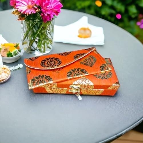 SAUDEEP INDIA Combo of Decorative Printed Cash Box and Money Envelope, Shagun Gift, Jewellery Box, Wedding Gift (Set of 1, Tangy Orange)