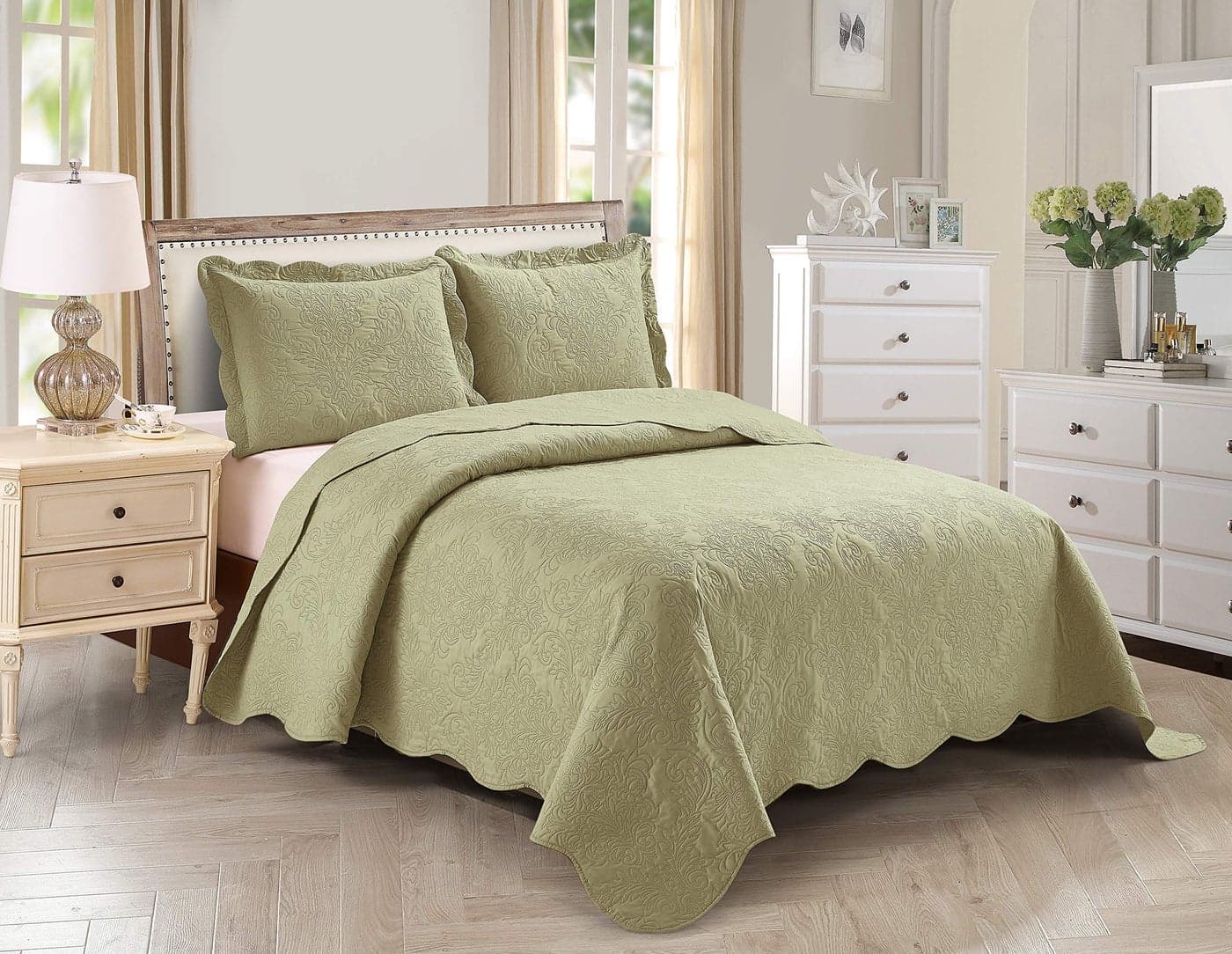 Home Collection 3pc KingCal King Over Size Elegant Embossed Bedspread Set Light Weight Solid Sage New Stacy