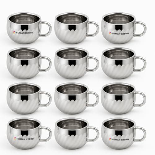 Human Hydro Stainless Steel Tea Cups Set | 12-Piece Lotus Pattern Steel Cups | 120 ml Each | Premium Rust-Free & Spill-Proof Design | Unbreakable & Dishwasher Safe Cups for Home & Gifting