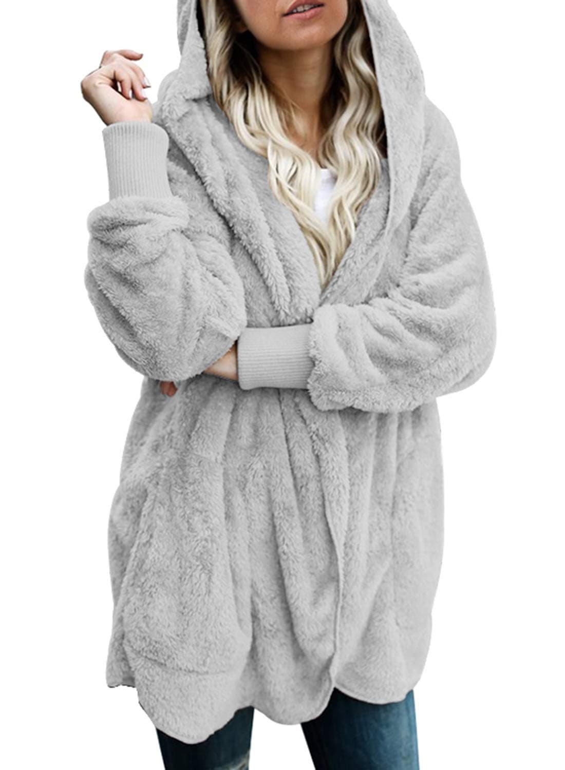 Dokotoo Plus Size Winter Coats for Women Casual Sherpa Fleece Jackets Fuzzy Warm Open Front Hooded Coat Fashion 2025 Fall Outfits Winter Clothing for Women Teacher Outfits Faux Fur Cardigans XL Gray