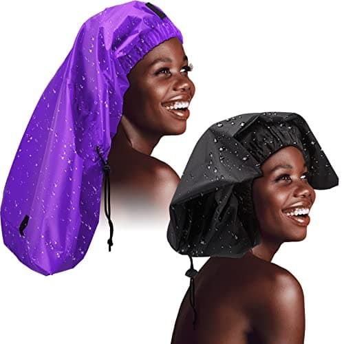 SATINIOR 2 Pcs Braid Shower Cap Jumbo Waterproof Shower Caps for Long Hair, Extra Large Adjustable Foldable Bath Caps with Drying Loop, Plastic Hair Bonnets for Women Men Dreadlocks(Classic)