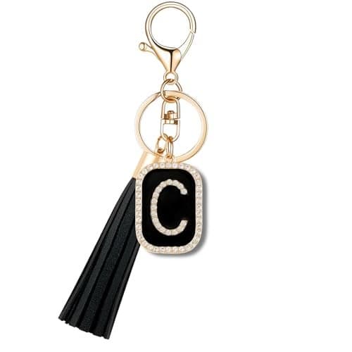 OKAICEN Fashion Cubic Zirconia Crystal Alphabet Initial Letter Keychain Black Tassel Pendant Key Ring for Purse Handbags Women Girl ('C')