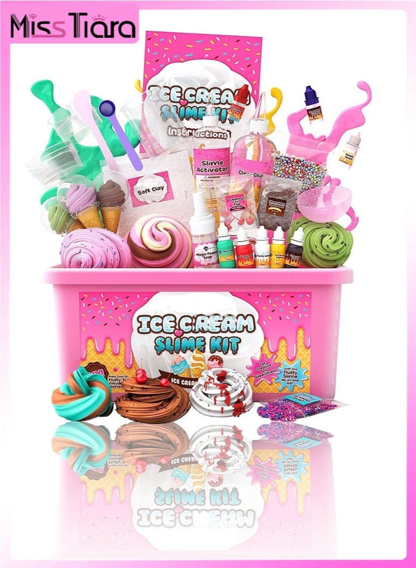 Ice Cream Slime Kit for Kids Slime Making Kit 31 Accessories Make Your Own Slime Set Toys for Girls Boys Birthday Gift Toy DIY Fluffy Slime Kits Clay Cloud Foam Squish Glitter Arts and Crafts