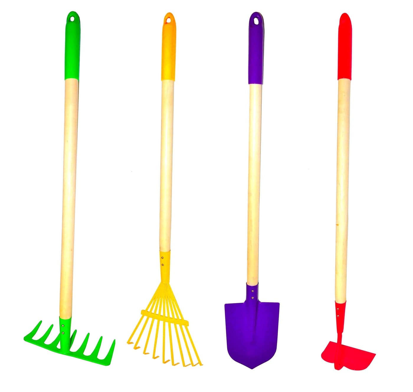 JustForKids Kids Garden Tool Set Toy Rake Spade Hoe and Leaf Rake reduced size made of sturdy steel heads and real wood handle 4Piece Multicolored 5yr